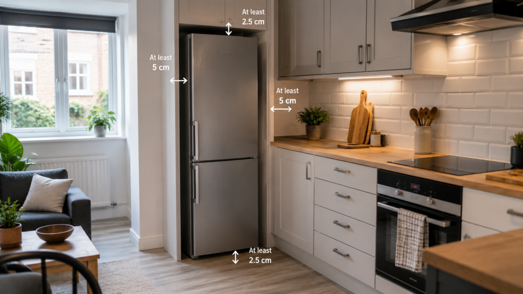 Energy-efficient fridge freezer in a small UK kitchen