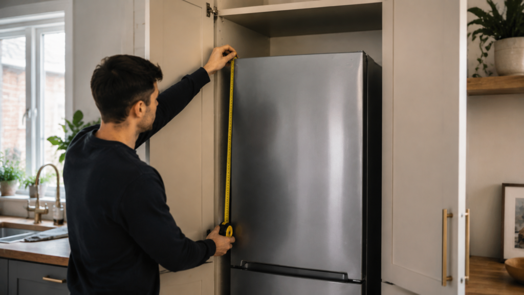 Measuring space around a fridge freezer fitted inside a cupboard