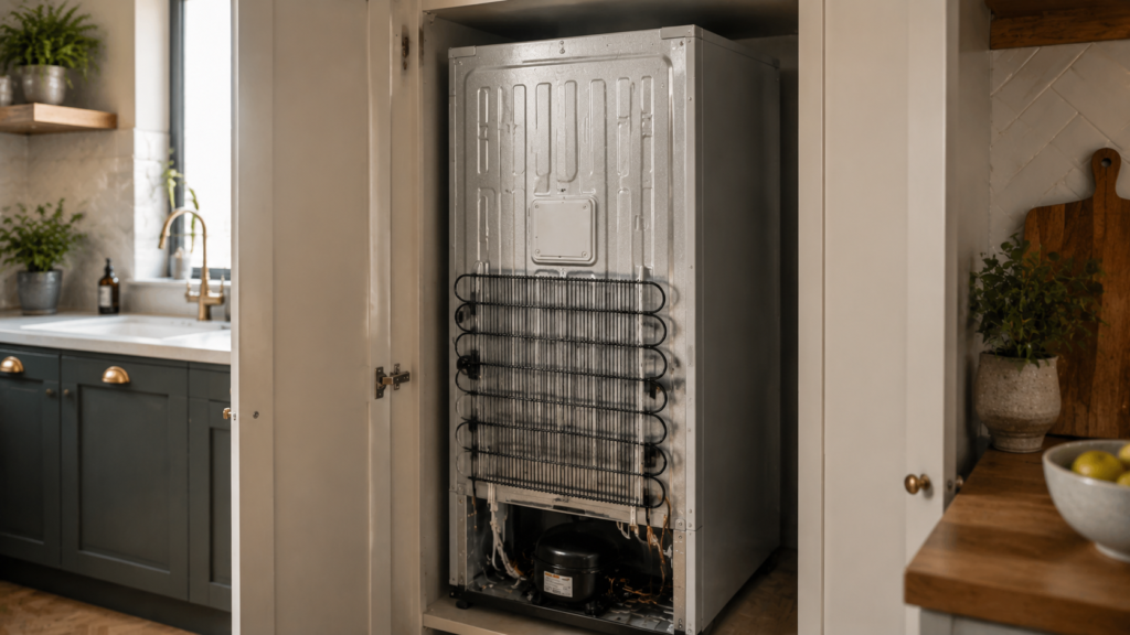 Ventilation gap behind a fridge freezer installed in a kitchen cupboard
