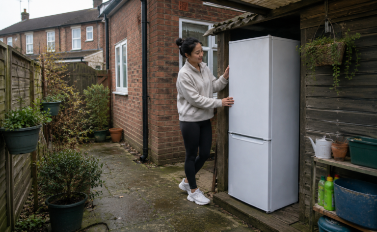 Can You Keep A Fridge Freezer Outside beside a modern British garden office, showing a sheltered outdoor installation protected from the weather.