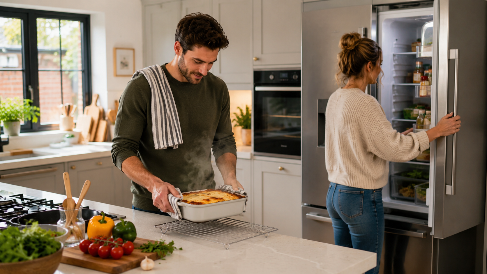 Can You Put Hot Food In A Fridge Freezer being safely prepared for storage in a modern British kitchen by a young couple allowing leftovers to cool before refrigeration.