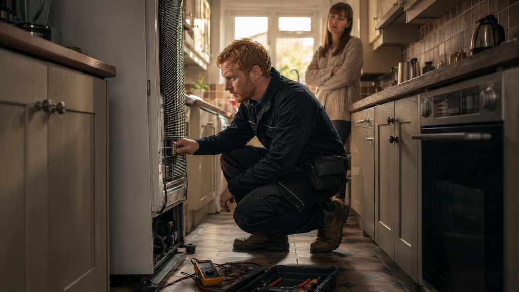 Appliance engineer checking airflow and thermostat settings on a fridge freezer cooling too slowly