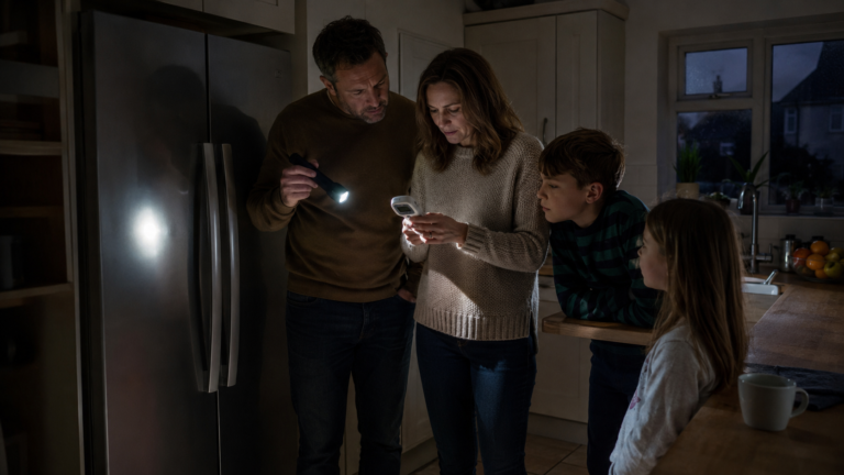 How Long Does Food Last In A Fridge Freezer Without Power during an evening power cut in a compact family kitchen