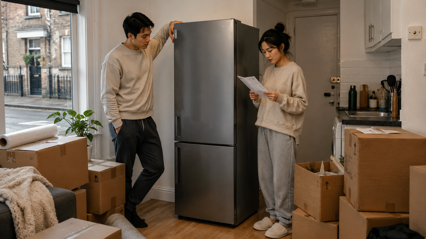 How Long Should You Leave A Fridge Freezer Before Plugging It In after moving into a modern British home, with a young couple waiting before switching on their new appliance.