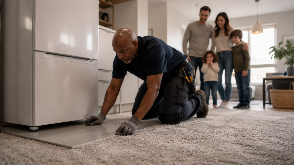 Installer fitting a protective panel beneath a fridge freezer
