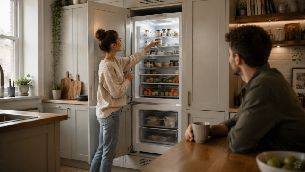 Integrated fridge freezer inside a small kitchen cupboard in a UK home