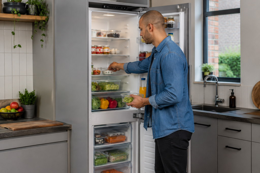 Storage layout inside a narrow fridge freezer for a small UK kitchen