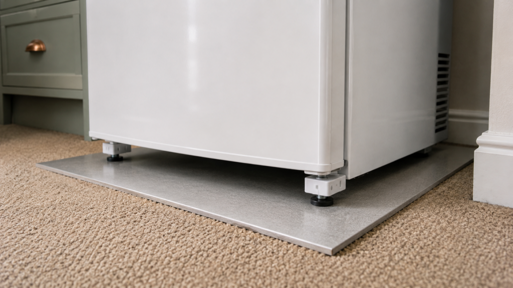 Protective board under a fridge freezer on carpet