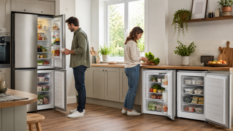 Fridge freezer vs separate fridge and freezer in a modern British kitchen showing both appliance layouts side by side.