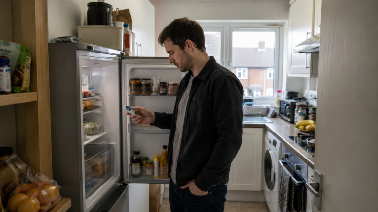 Why Is My Fridge Freezer Not Cold Enough showing a homeowner checking the appliance temperature with a digital thermometer in a compact British kitchen.