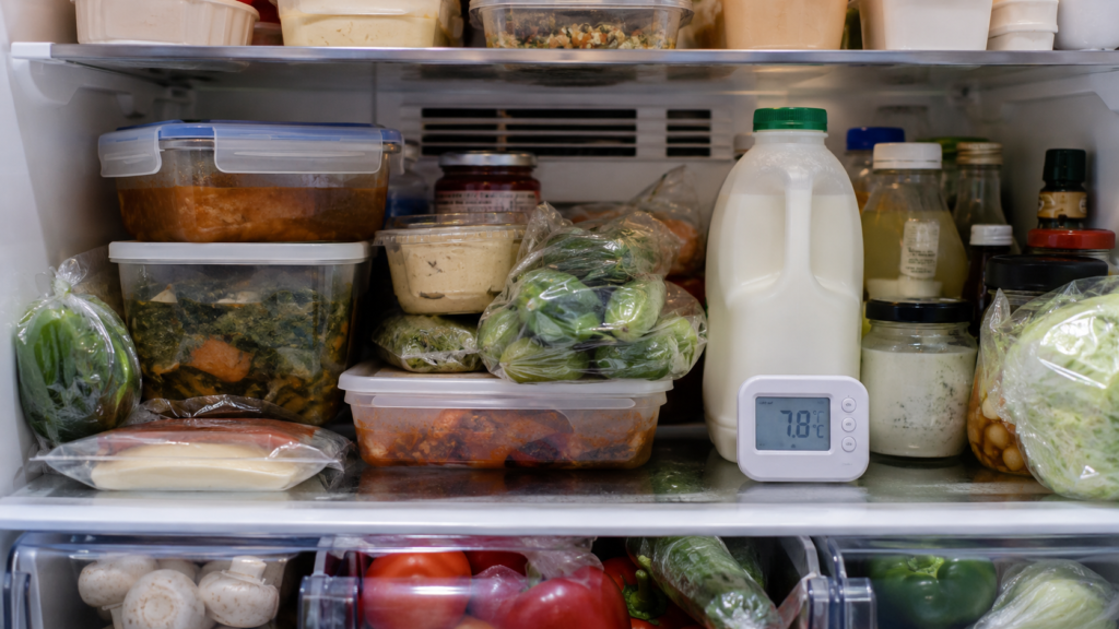 Overfilled fridge shelves blocking cold-air circulation and causing uneven cooling inside a compact fridge freezer.