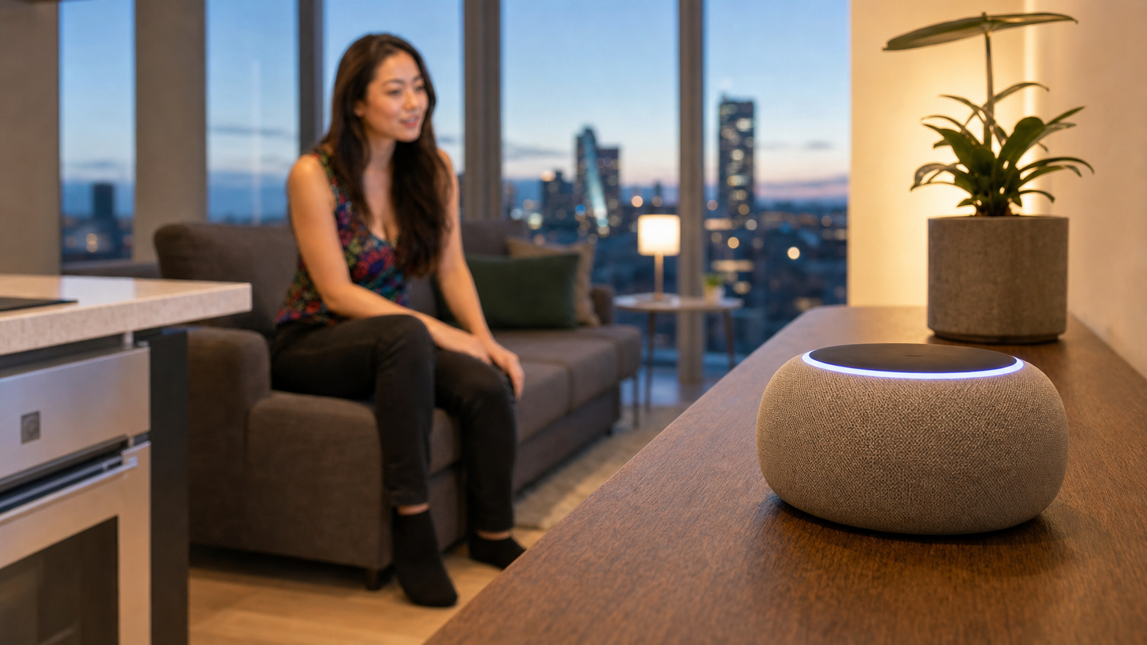 Best smart speakers for small flats UK with compact voice-controlled speaker in a modern apartment