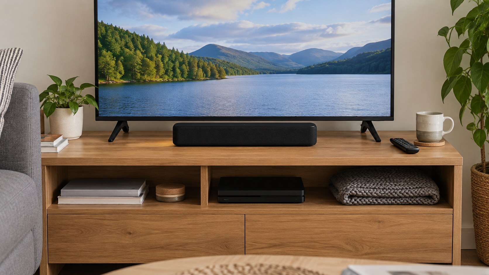 Best Soundbars Under 60cm Wide UK fitted beneath a TV on a narrow media unit