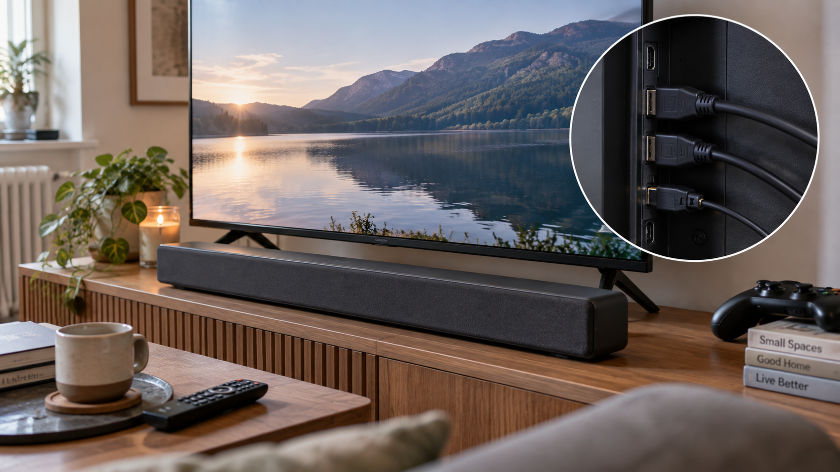 HDMI ARC vs eARC vs Optical connections shown beside a TV and soundbar