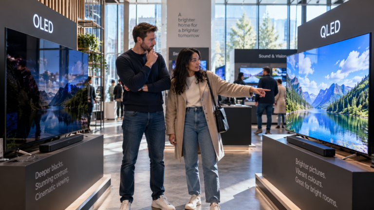OLED vs QLED TVs compared side by side in a bright living room