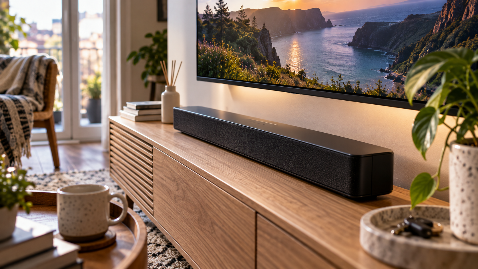 Best Compact Soundbars UK installed beneath a TV in a small living room