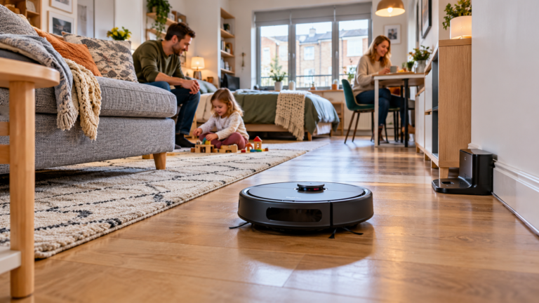 Best Robot Vacuums for Small Flats UK cleaning around furniture in a compact family studio flat