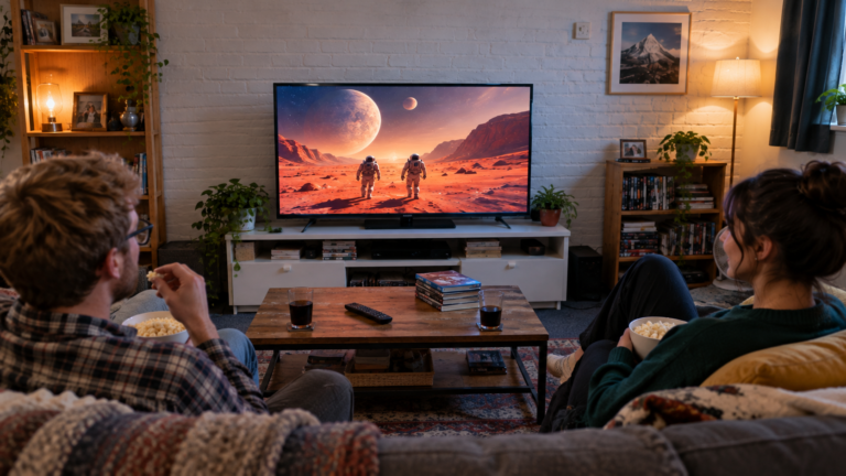 TVs Under £300 showing a colourful wildlife documentary in a compact UK living room