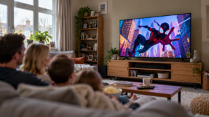 TVs Under £500 showing a snow leopard documentary in a compact UK living room