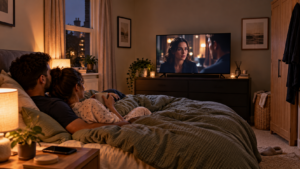 TVs for Bedrooms showing an underwater documentary in a compact UK bedroom