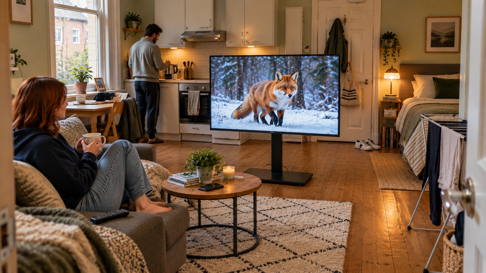 TVs for Studio Flats showing a wildlife documentary in a compact open-plan UK studio
