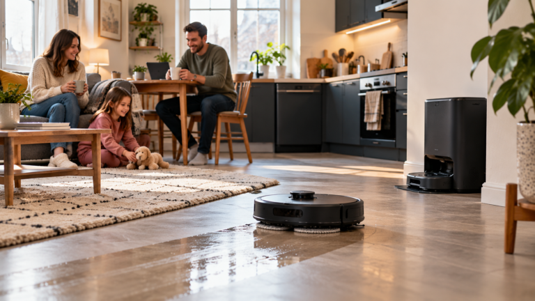 Best Robot Vacuum and Mop Combos for Small Flats UK cleaning hard floors in a compact family flat