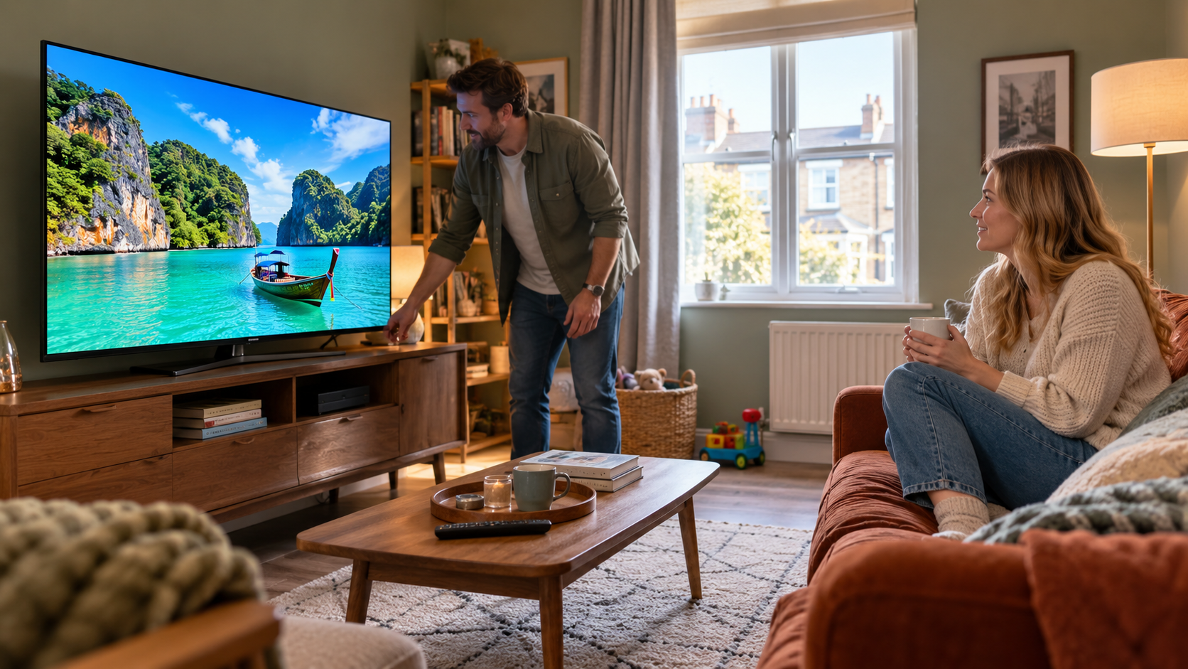 55-Inch QLED TVs in a bright small UK living room