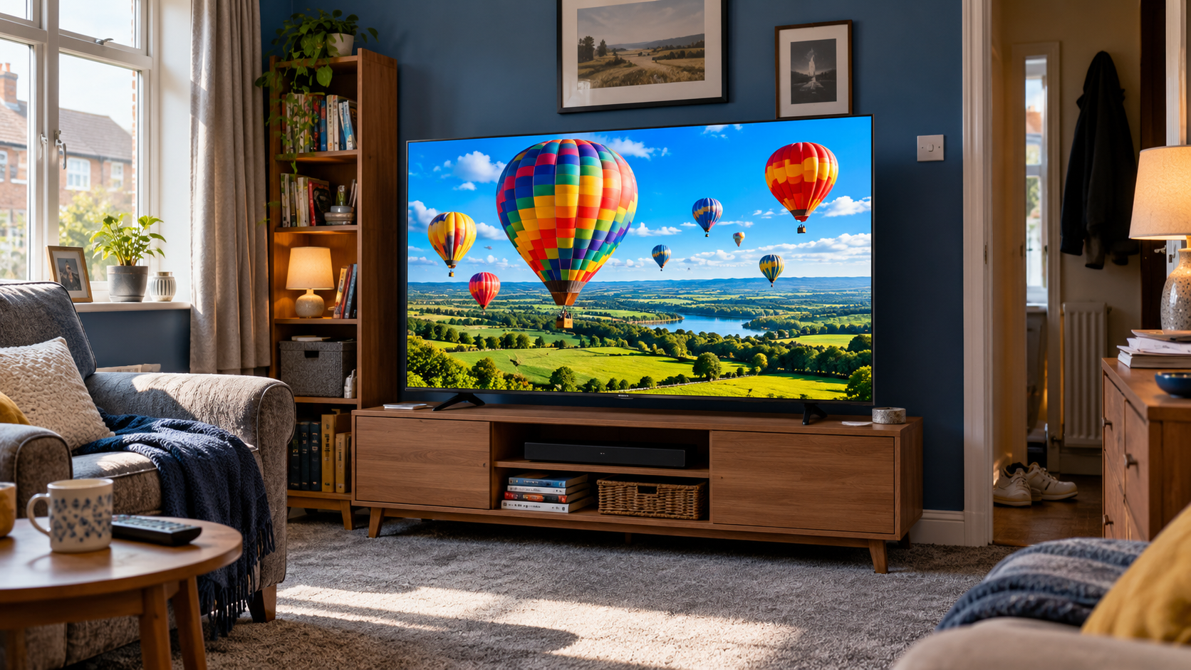 QLED TVs displaying vivid colour in a bright compact UK living room