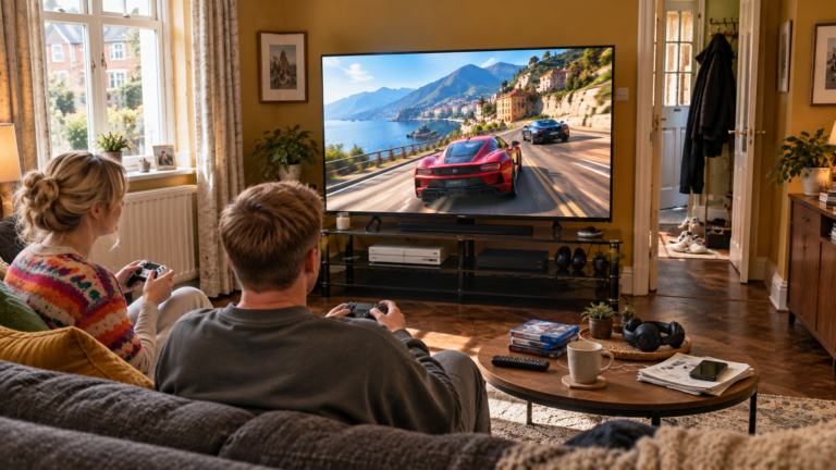 120Hz TVs showing smooth fast racing gameplay while a couple game together in a compact UK living room