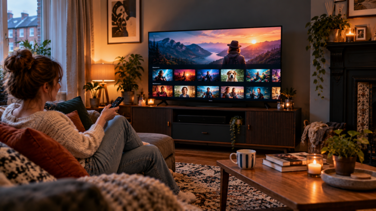 Fire TVs in a compact UK living room showing an easy-to-use streaming interface